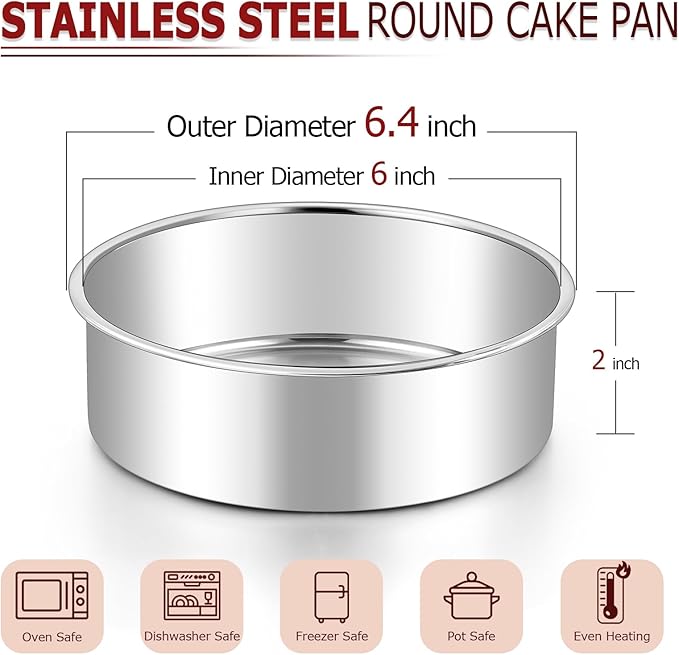 LIANYU 6 Inch Round Cake Pan, Stainless Steel Baking Layer Cake Pan Tin, Heavy Duty Metal Round Tier Baking Tins, 2In Tall, Oven & Dishwasher Safe