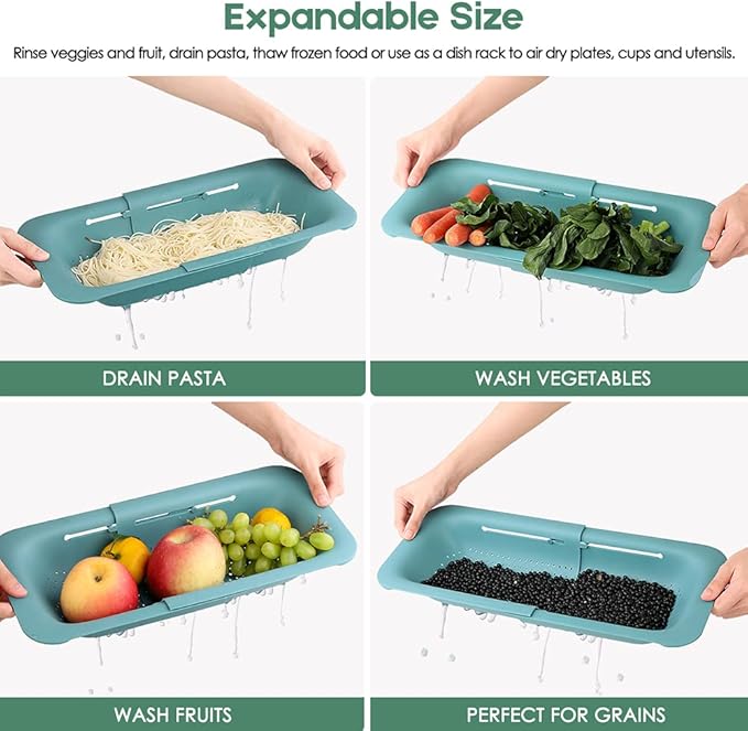 Collapsible Colander Kitchen Extendable Strainer Fruits Vegetables Noodle Pasta Food Drain Basket Space-Saver Portable Drainer Over Sink (Green)