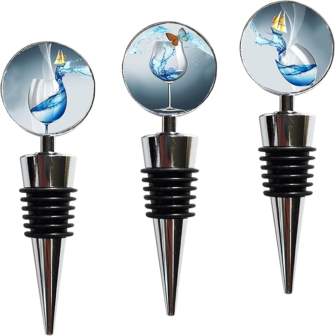 Wine Bottle Stoppers Stainless Steel Wine Stoppers with Decorative Art Glass, Wine and Beverage Bottle Corks for Gifts, Bar, Wedding, Holiday Party (Blue)