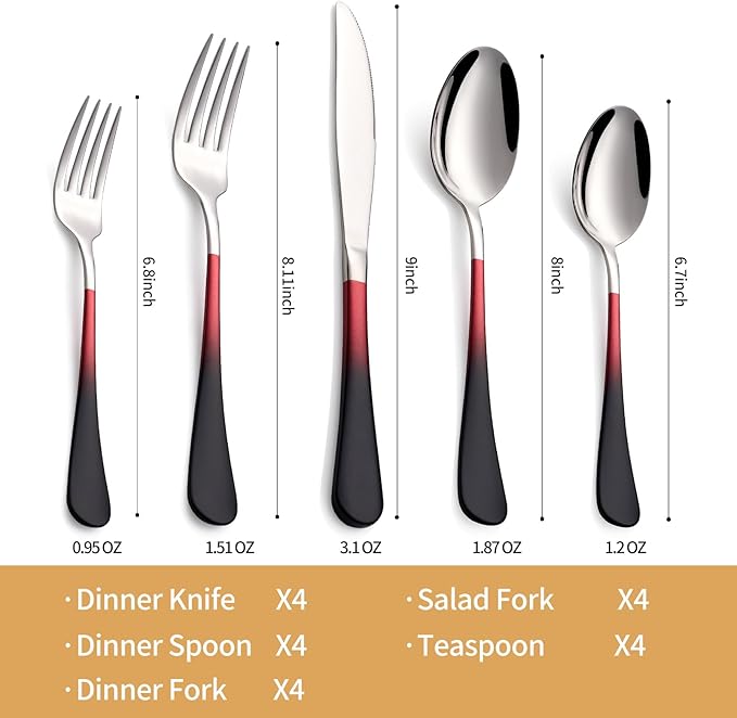 20-Piece Black Red Silverware Set 18/0 Stainless Steel Silverware Set Black Red Handle Cutlery Set Service for 4 Dinner Knives Forks Spoons Set Flatware Set Finish Dishwasher Safe