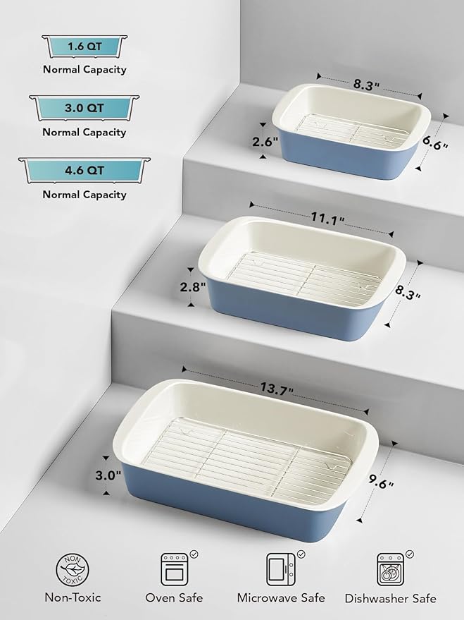 LE TAUCI Deep Casserole Dishes for Oven, 13.7”x9.6” Ceramic Baking Dish Set with Roasting Racks, Large Lasagna Pans with Handles, Rectangular Bakeware as Gift for Mom, Dusty Blue (4.6QT/3.0QT/1.6QT), Set of 3