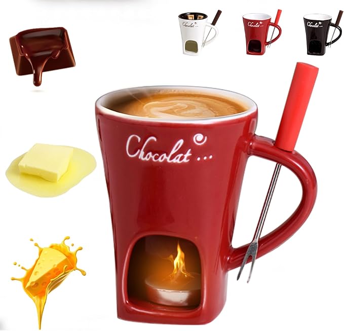 Chocolate Fondue Mug with Fork, Chocolate Fondue Cup, Personal Chocolate Melting Cup for Cheese, Ceramic Chocolate Melting Cup, Chocolate Melting Mug For Date Night Birthday Wedding Gifts (Red)