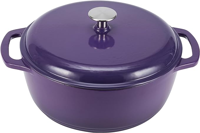 Amazon Basics Cast Iron Dutch Oven Pot with Lid, Enameled, Round, Dual Handles, Heavy-Duty, Medium, 6-Quart, Purple