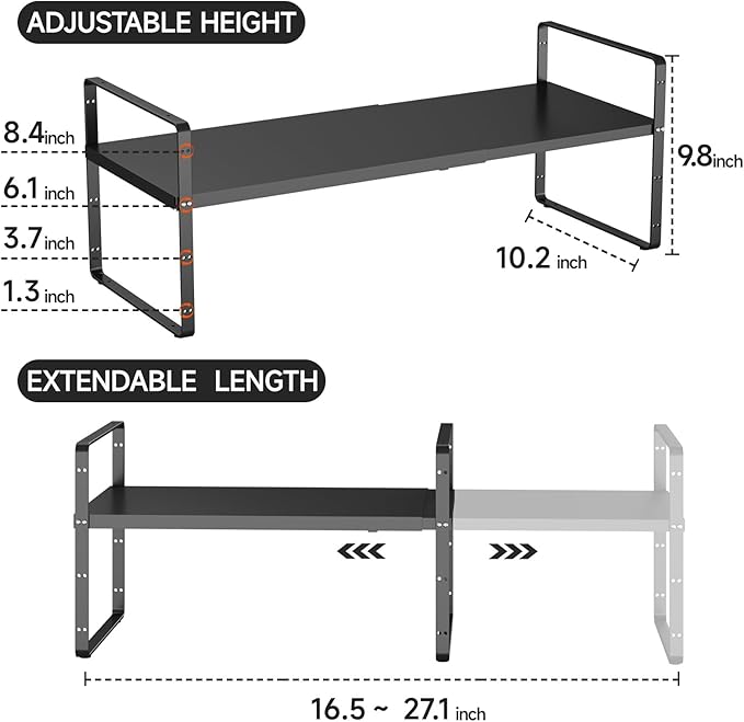 16.5-27’’L Expandable Kitchen Shelf Organizer, Stackable Shelves Organizer, Adjustable Height Pantry Spice Rack for Cabinet, Countertop, Pantry and Cupboard, Black