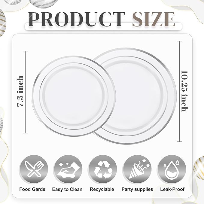 WDF 120PCS Plastic Christmas Plates White Silver Rim - Disposable Plates including 60PCS for Dinner 10.25inch, 60 Salad/Dessert Plates 7.5inch Heavy Duty Wedding