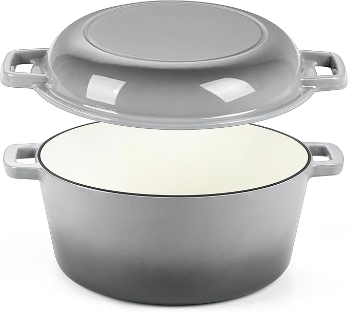 P&P CHEF 5Qt Dutch Oven Pot for Bread Baking (Gray), 2 In 1 Round Cast Iron Dutch Oven with Lid Set, Skillet & Pot for Roasting Braising Stewing Frying Simmering, Multi Stoves & Oven Safe