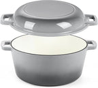 P&P CHEF 5Qt Dutch Oven Pot for Bread Baking (Gray), 2 In 1 Round Cast Iron Dutch Oven with Lid Set, Skillet & Pot for Roasting Braising Stewing Frying Simmering, Multi Stoves & Oven Safe