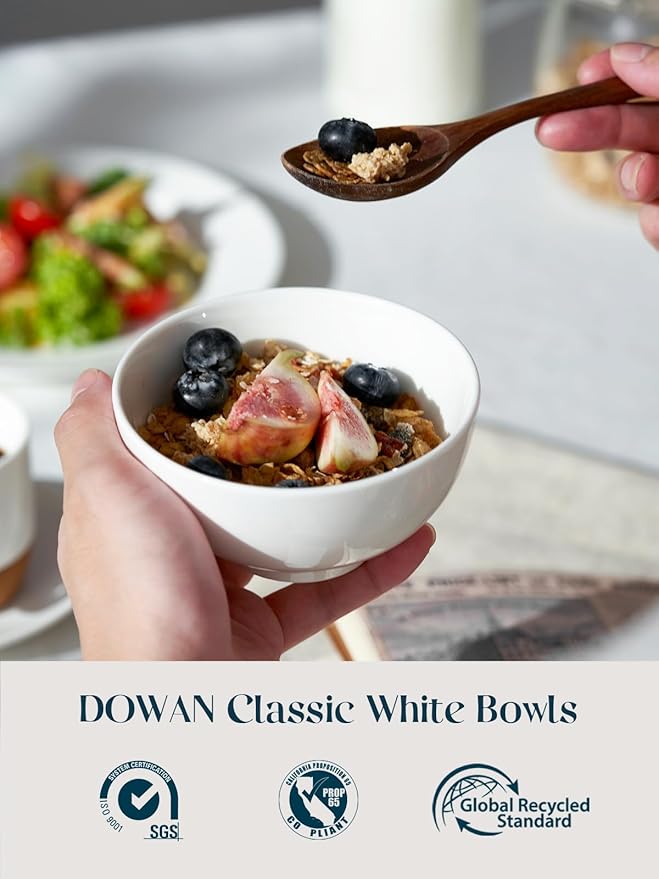 DOWAN 8.5 OZ Small Ceramic Bowls Set of 4 - White Bowls for Dessert, Dip, Side Dishes, Ice Cream, Fruit, Rice - Dishwasher & Microwave Safe (Soft White)
