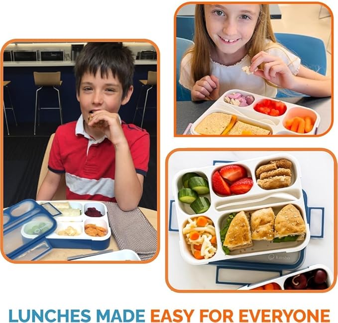 Bento Lunch Box with Insulated Bag and Ice Pack Set. 6 Divided Compartments, Containers for School, Work Daycare Lunches Snacks, Kids and Adults BPA Free, Easy to Carry, Durable Kits, Navy Blue