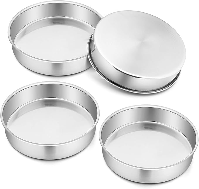 P&P CHEF Cake Pan Set of 4, Stainless Steel Baking Round Cake Pans Tins Bakeware for Birthday Wedding, Leak-proof & Easy Clean, Mirror Finish & Easy Releasing, 9.5 Inch
