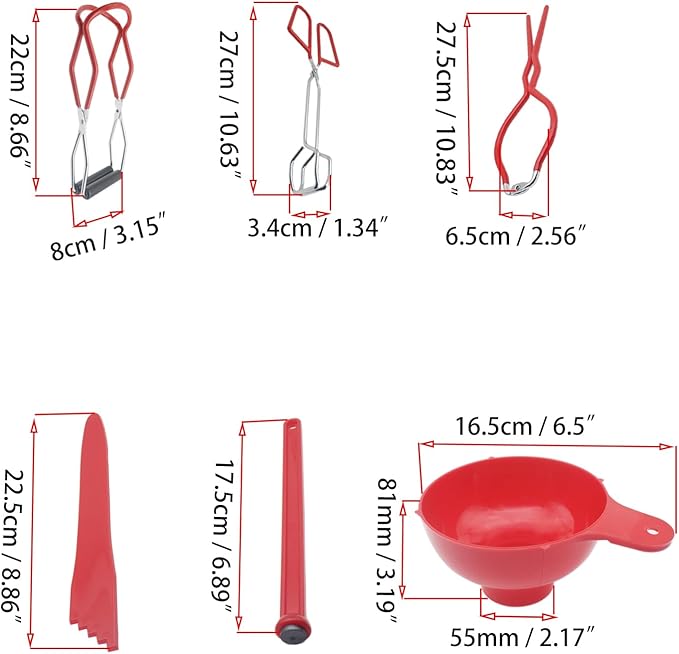 Canning Supplies Set - Canning Jar Lifter Long Handle Tongs Jar Wrench Magnetic Lid Lifter Bubble Popper Wide Mouth Funnel Kitchen Canning Kit Tool Set for Beginners(6 Pcs Red)