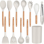 P&P CHEF Silicone Cooking Utensils Set, 12PCS Kitchen Utensils Set with Wooden Handle for Nonstick Cookware, Ladle, Spoon, Spatula, Tong, Heat-resistant & Non-scratch, Non Smell & Healthy, Khaki