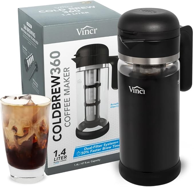 VINCI Cold Brew 360, Glass Cold Brew Coffee Maker Featuring Patented Dual Filter 360 Brewing Technology, Cold Brew for Iced Coffee (1.4 Liter / 47 FL.OZ)
