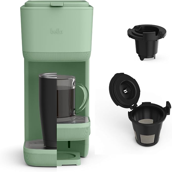 BELLA Single Serve Coffee Maker, K Cup & Coffee Ground Compatible with Removable, Adjustable Drip Tray, Auto Shutoff & Reusable Dishwasher Safe Accessories, Brews 6oz to 14oz, 1000 Watt, Seaglass