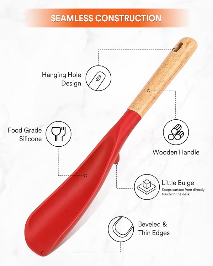 Cooking Spoon for Nonstick Cookwares, Great for Cooking and Serving Sturdy BPA-Free Matte Silicone, Wood Handle Spoon for Mixing, Scoop, and Scrape (RED)