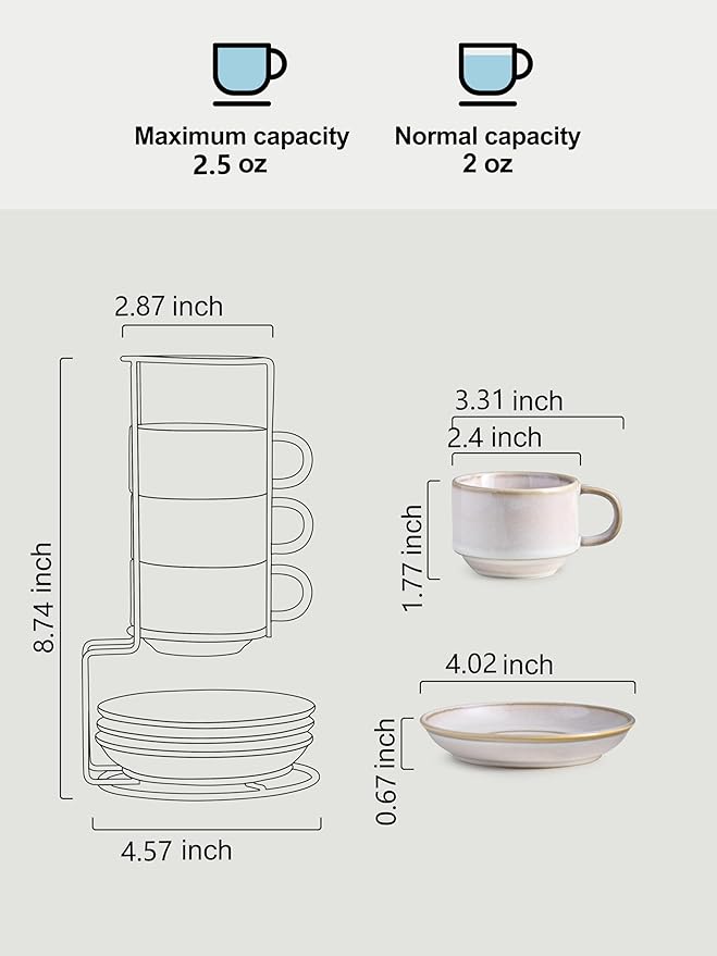 Gomakren 2.5 Ounce Espresso Cups Set of 4, Small Stackable Coffee Cups with Saucers and Metal Stand, Halloween Porcelain Demitasse Cups for Specialty Coffee Drinks, Espresso, Cappuccino, Latte, White