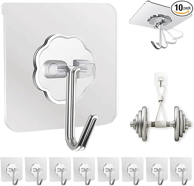Adhesive Wall Hooks for Hanging Heavy Duty 50 lbs Large Hooks for Walls No Damage, Towel Sticky Clear Hook, Waterproof, Home, Bathroom, Kitchen, Office, and Outdoor 10 Pack