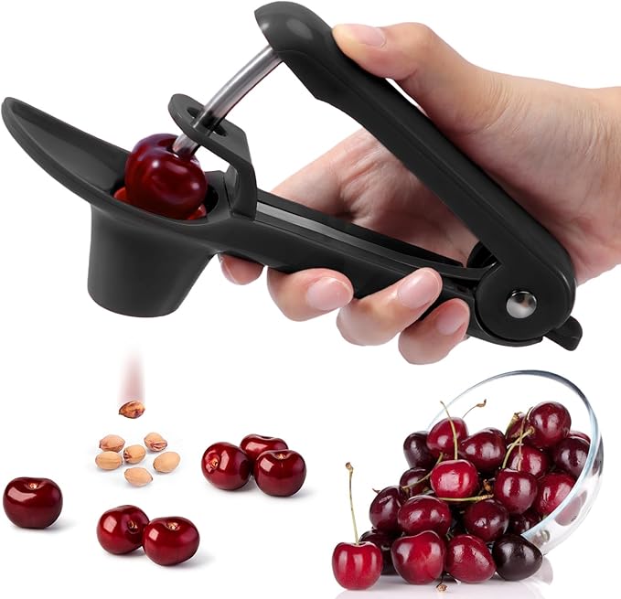 SCHVUBENR Cherry Pitter Tool - Stainless Steel Cherry Corer Pitter with Ergonomic Push Design - Easy to Use for Making Cherry Jam - Pit Cherry with Ease, Saving Time & Space with Lock Design(Black)