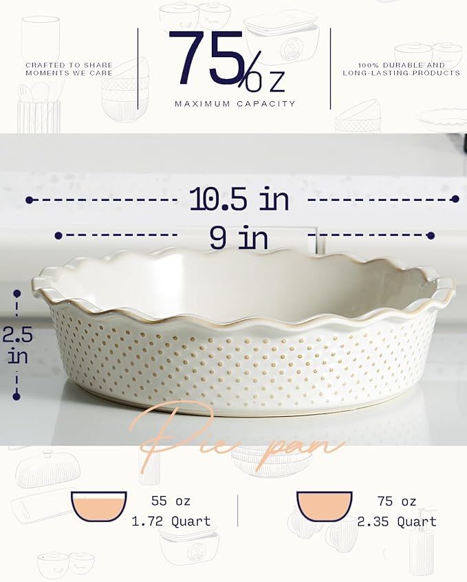 getstar Ceramic Deep Pie Pan, 9 inch Pie Dish for Baking, Non-Stick, Oven & Dishwasher Safe, Farmhouse Decor Quiche Baking Dish, Pie Plate, Deep Dish Pie Pan