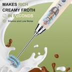 YUSWKO Beige Handheld Milk Frother Wand for Coffee, Rechargeable Electric Whisk with 3 Heads 3 Speeds Drink Mixer Coffee Frother For Latte, Cappuccino, Hot Chocolate, Egg