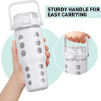 MUKOKO 32 oz Glass Tumbler with Straw,Glass Water Bottles with Time Marker,Iced Coffee Cup with Silicone Sleeve,Motivational Drinking Bottles,Leakproof-White