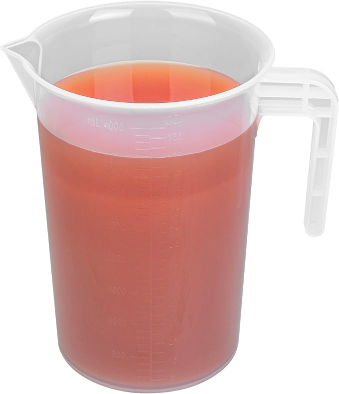 Restaurantware Measuring Cups 4 Quarts Pack of 10 Conical Spout Liquid Measuring Cups Embossed Ml and Oz Graduations, Clear Plastic Scaling Vessel with Handle, For Cooking, Baking, For Oil, Flour