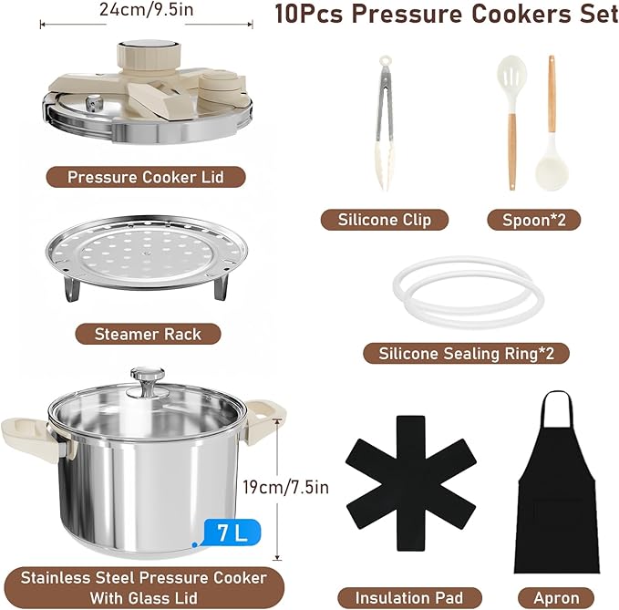 8 QT Stainless Steel Pressure Cooker. 10 pcs Olla de presion Set, Cooking Pressure Cooker with 3 PSl Settings Release Valve & Multiple Protective Devices, Compatible with Induction and Gas Stovetops