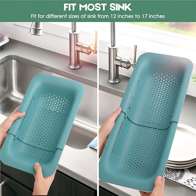 Collapsible Colander Kitchen Extendable Strainer Fruits Vegetables Noodle Pasta Food Drain Basket Space-Saver Portable Drainer Over Sink (Green)