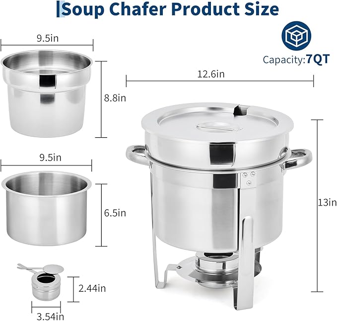 Commercial 7QT Soup Chafer Set, 4 Pack Stainless Steel Round Food Warmers Set with Pot, Notched Lids & Fuel Containers, Soup Warmers Ideal for Buffet Service & Event Catering