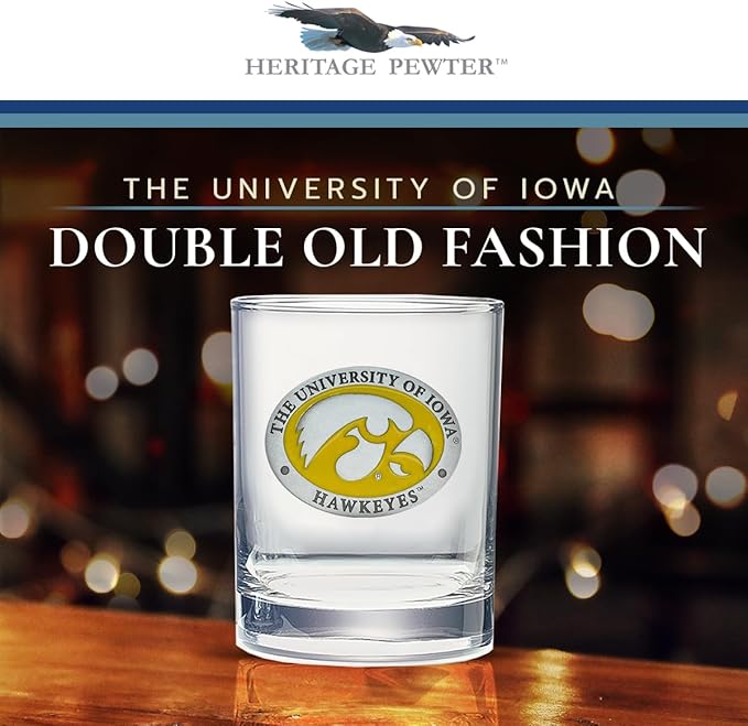 Heritage Pewter University of Iowa Collector's Double Old Fashion Glass | Double Rocks Drinkware 14 OZ | Expertly Crafted Pewter