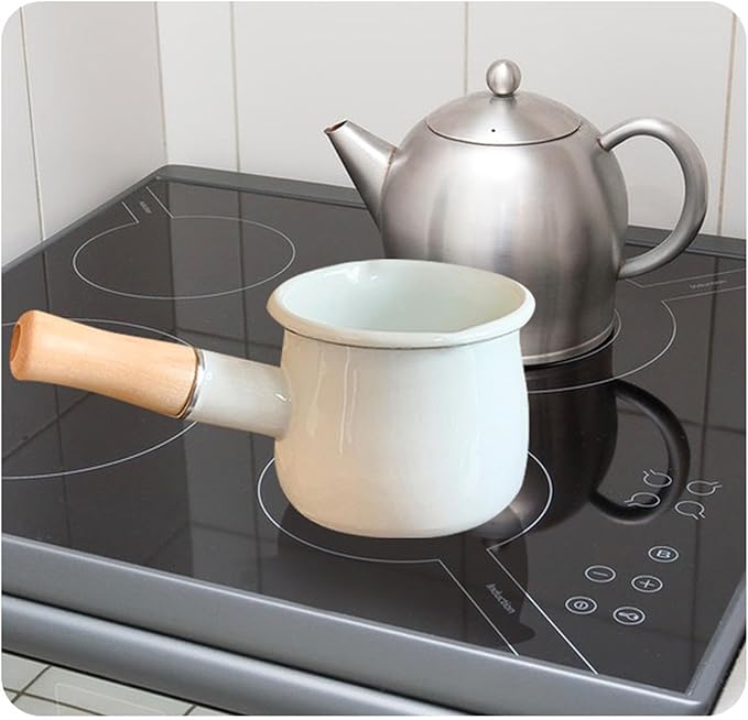 Enamel Milk Pot 17oz Butter Warmer Small Sauce Pan with Spouts Butter Melting Pot, Wooden Handle, White