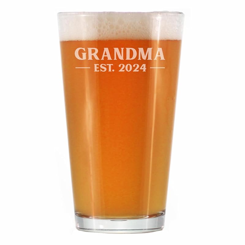 Grandma Est 2024 - New Grandmother Pint Glass Gift for First Time Grandparents - Bold 16 Oz Glasses