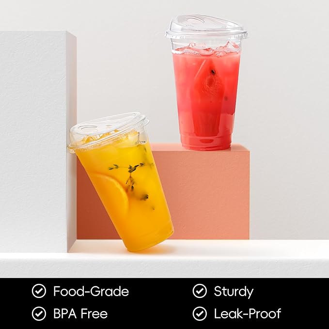 AOZITA 100 Pack 24 oz Disposable Plastic Cups With Strawless Sip-Lids, Clear Plastic Iced Coffee Cups Go for Drinks, Bubble Tea, Cold Beverage - BPA Free