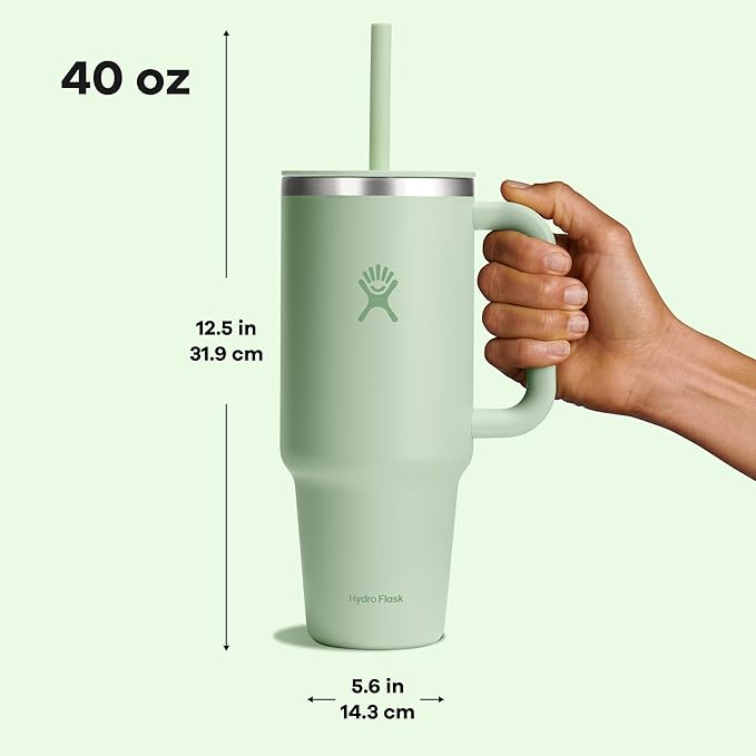Hydro Flask 40 Oz Travel Tumbler with Handle, Lid and Straw - Insulated Stainless Steel in Aloe