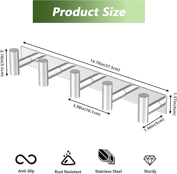 Wall Mounted Coat Rack-5 Hooks, Heavy Duty Stainless Steel Hook Rail for Towel Coat Hat Purse Bag Jacket, Towel Hooks for Entryway Bathroom Kitchen (Glossy 5 Hooks - 1 Pack)