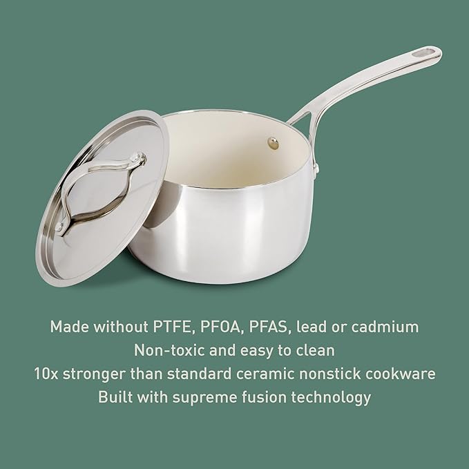 Bloomhouse - Two Time Oprah's Favorite Things Winner - 3-Quart Tri-Ply Stainless Steel Saucepan – Non-Stick, Non-Toxic Pro Ceramic Interior, Durable Cooking Pot for Sauces and Simmering