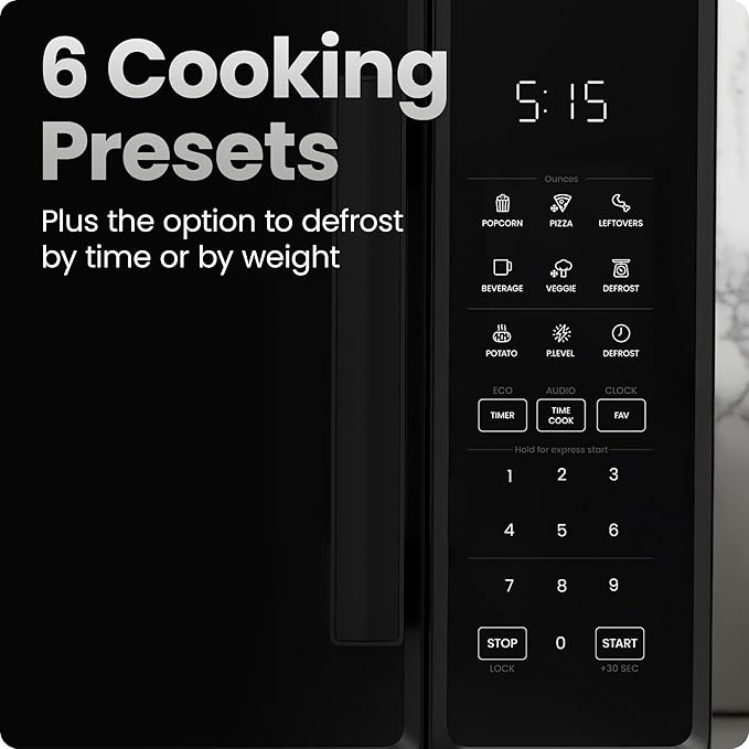 Chefman Countertop Microwave Oven 1.1 Cu. Ft., 1000 Watts with 10 Power Levels, 6 Cooking Presets with One-Touch Express Cook, Eco Mode, Child Safety Lock, & Mute Button - Black
