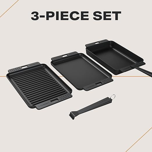CURRENT Cast Iron Sizzle Plates 3-Piece Set - Deep Pan, Shallow Pan, Grill Pan with Removable Handle, Pre-Seasoned, Heat Retention, Compatible Model P Pizza Oven