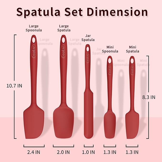 Coukre Silicone Spatula Set of 5,High Temperature Resistant, Food Grade Silicone, Dishwasher Safe, for Baking, Cooking (Pure Red)