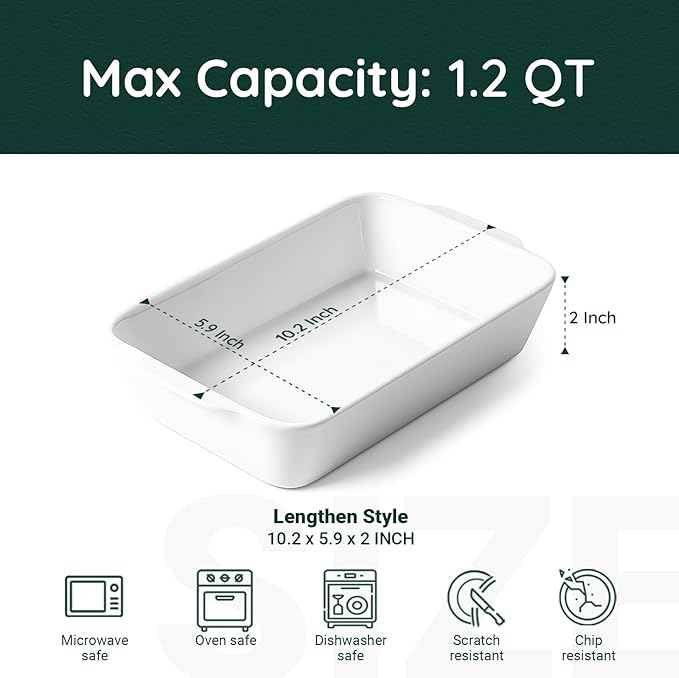 1.2 QT White Casserole Dish,Small Ceramic Baking Dish, Lasagna Pan for Oven, Bakeware for Baking, Kitchen Decor, Microwave Oven Safe, Dinner Party (5.9" x 10.2")