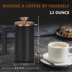 Black Mini French Press Coffee Maker 12oz, Single Cup French Press with Rose Gold Lid, 3 Extra Filters & 1 Gold Spoon(350ml Compact Travel Size) Dishwasher Safe