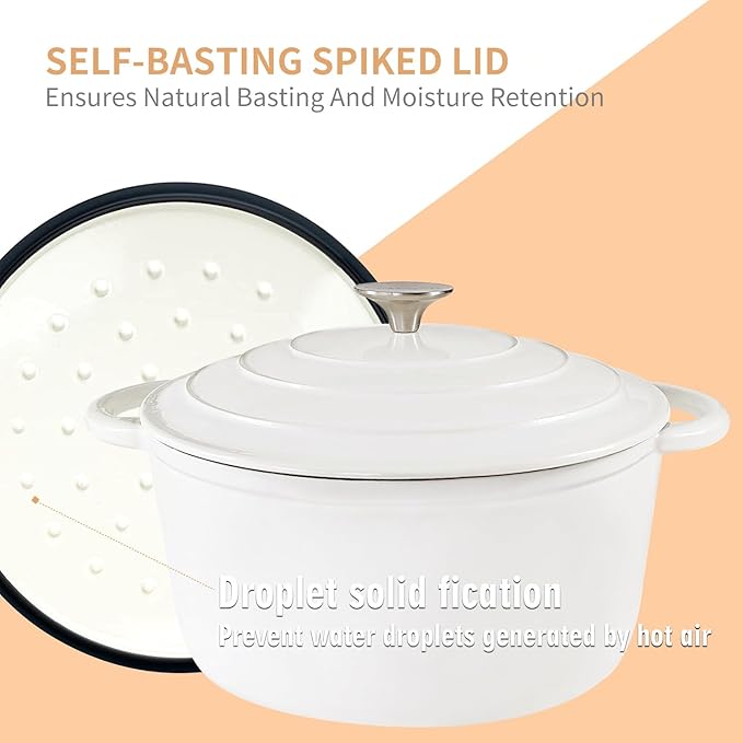 Dutch Oven,Cast Iron Dutch Ovens,Dutch Oven Pot with Lid,4.5 QT Enamel Dutch Pot,Dutch Ovens with Dual Handles,Cast Iron Pot for Braiser,Cooking,Gifts for Family,White