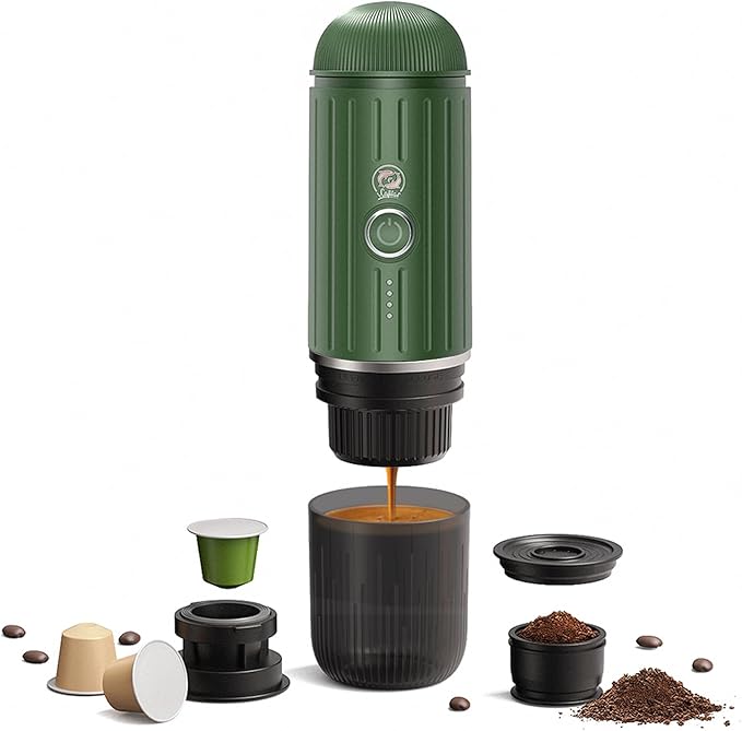 Portable Electric Espresso Machine, Travel Coffee Maker for Camping, Car Coffee Maker Self-Heating with USB-C, With Ground Coffee & NS Capsule for RV, Hiking, Office(Green)