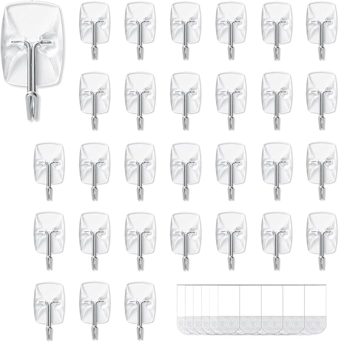 30 Small Hooks+40 Removable Strips, Clear Wire Utility Hooks with Adhesive Strips Damage-Free, No Tools Wall Hooks for Hanging Heavy Duty, Value Pack