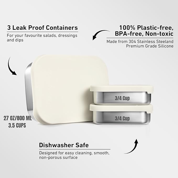 Flexibento - Leak proof Stainless Steel Lunch Box | Lunch Containers| Steel Bento Box |Sandwich Containers| Snack Containers |Metal lunch Box |Vanilla| 1 * 27 OZ+2 * 6.5 OZ|SIlicone lids