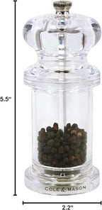 Cole & Mason 505 Refillable Spice Mill - Kitchen & Home Accessory - Table Pepper Grinder - Peppercorn Included - Acrylic - Pepper Mill 5.5"