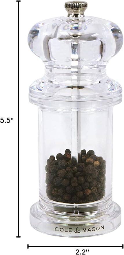 Cole & Mason 505 Refillable Spice Mill - Kitchen & Home Accessory - Table Pepper Grinder - Peppercorn Included - Acrylic - Pepper Mill 5.5"