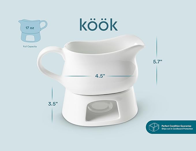 Kook Gravy Boat & Warmer, Ceramic Serving Dish, Dispenser with Warmer for Sauces, Dressings and Creamer, Large Handle, Microwave and Dishwasher Safe, 17oz, White