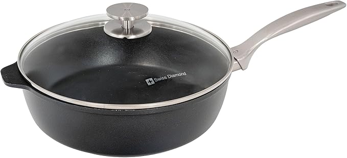 Swiss Diamond Nonstick Saute Pan with Lid, Diamond Coated Aluminum Deep Saute Pan with Lid Features Stainless Steel Handle, Dishwasher & Oven Safe Up To 500 °F, 10.25 Inch, 3.8 Quart