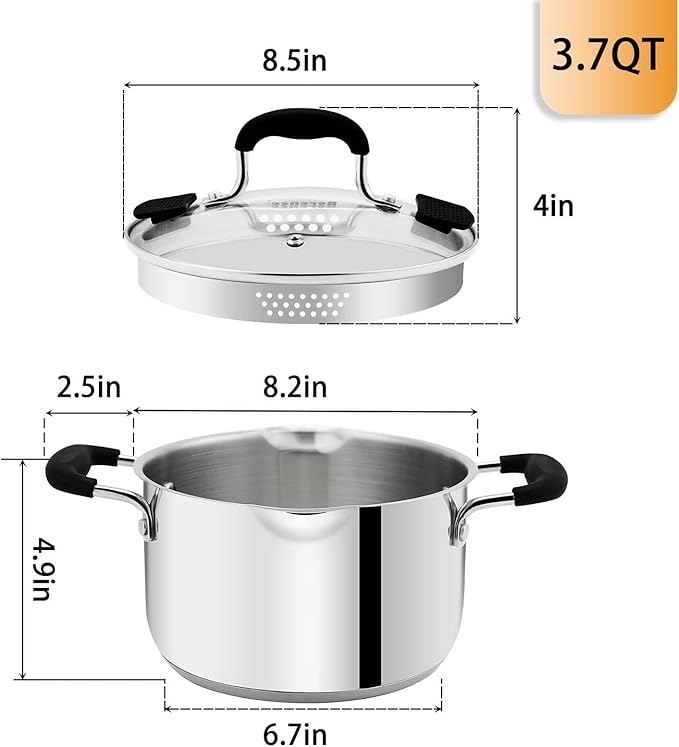 Rorence Stainless Steel Stock Pot with Pour Spout & Silicone Handles & Glass Lid with Strainer - 3.7 Quart